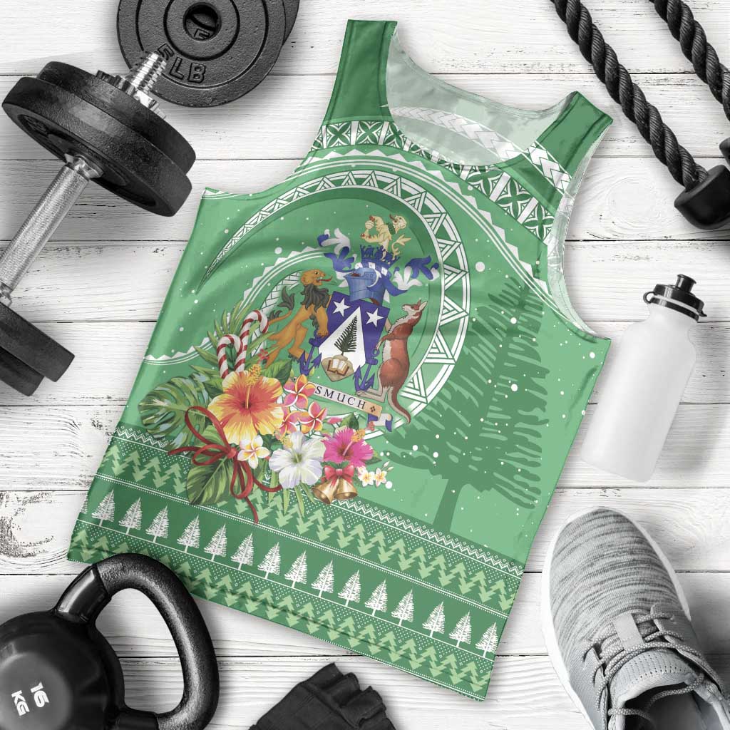 Norfolk Island Pine Tree Christmas Men Tank Top Coat of Arm and Polynesian Pattern