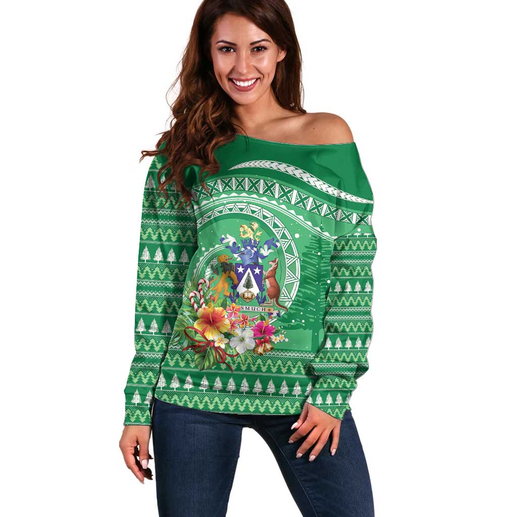 Norfolk Island Pine Tree Christmas Off Shoulder Sweater Coat of Arm and Polynesian Pattern LT9 Women Green - Polynesian Pride