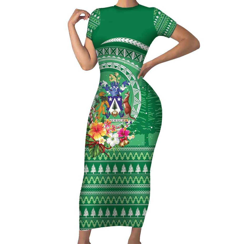 Norfolk Island Pine Tree Christmas Short Sleeve Bodycon Dress Coat of Arm and Polynesian Pattern LT9 Long Dress Green - Polynesian Pride