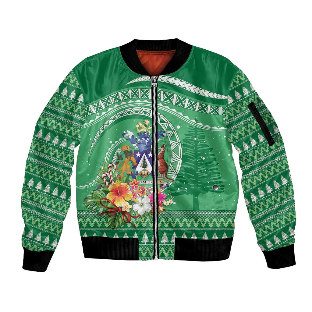 Norfolk Island Pine Tree Christmas Sleeve Zip Bomber Jacket Coat of Arm and Polynesian Pattern LT9 Unisex Green - Polynesian Pride