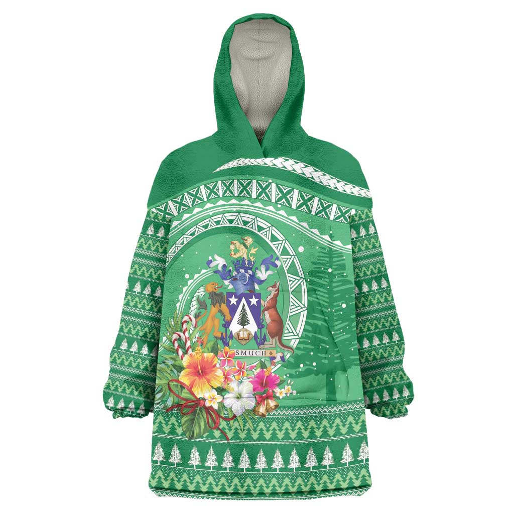 Norfolk Island Pine Tree Christmas Wearable Blanket Hoodie Coat of Arm and Polynesian Pattern LT9 One Size Green - Polynesian Pride