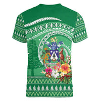 Norfolk Island Pine Tree Christmas Women V-Neck T-Shirt Coat of Arm and Polynesian Pattern