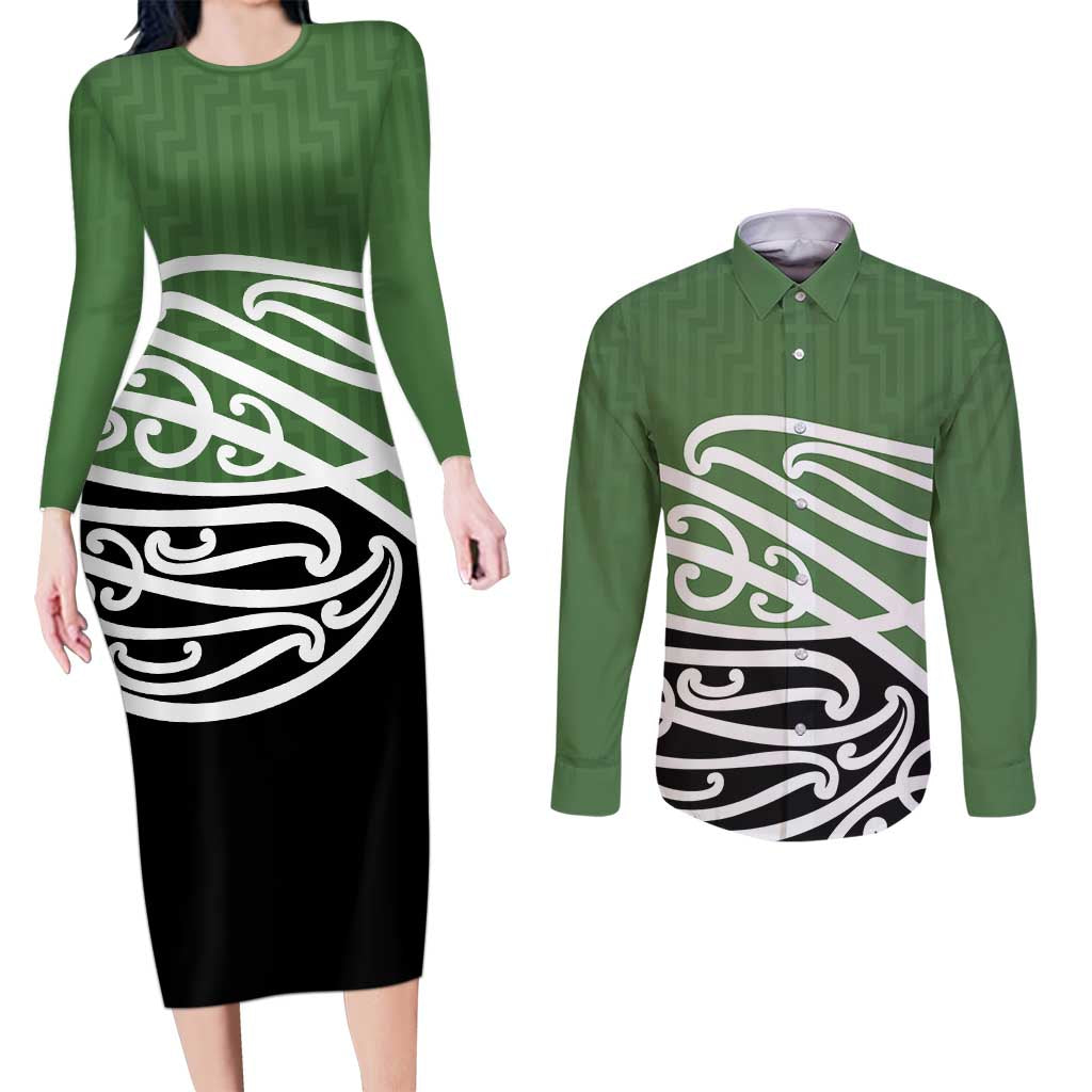 Green Fern New Zealand Kowhai Ngutukak Couples Matching Long Sleeve Bodycon Dress and Long Sleeve Button Shirt - Polynesian Pride