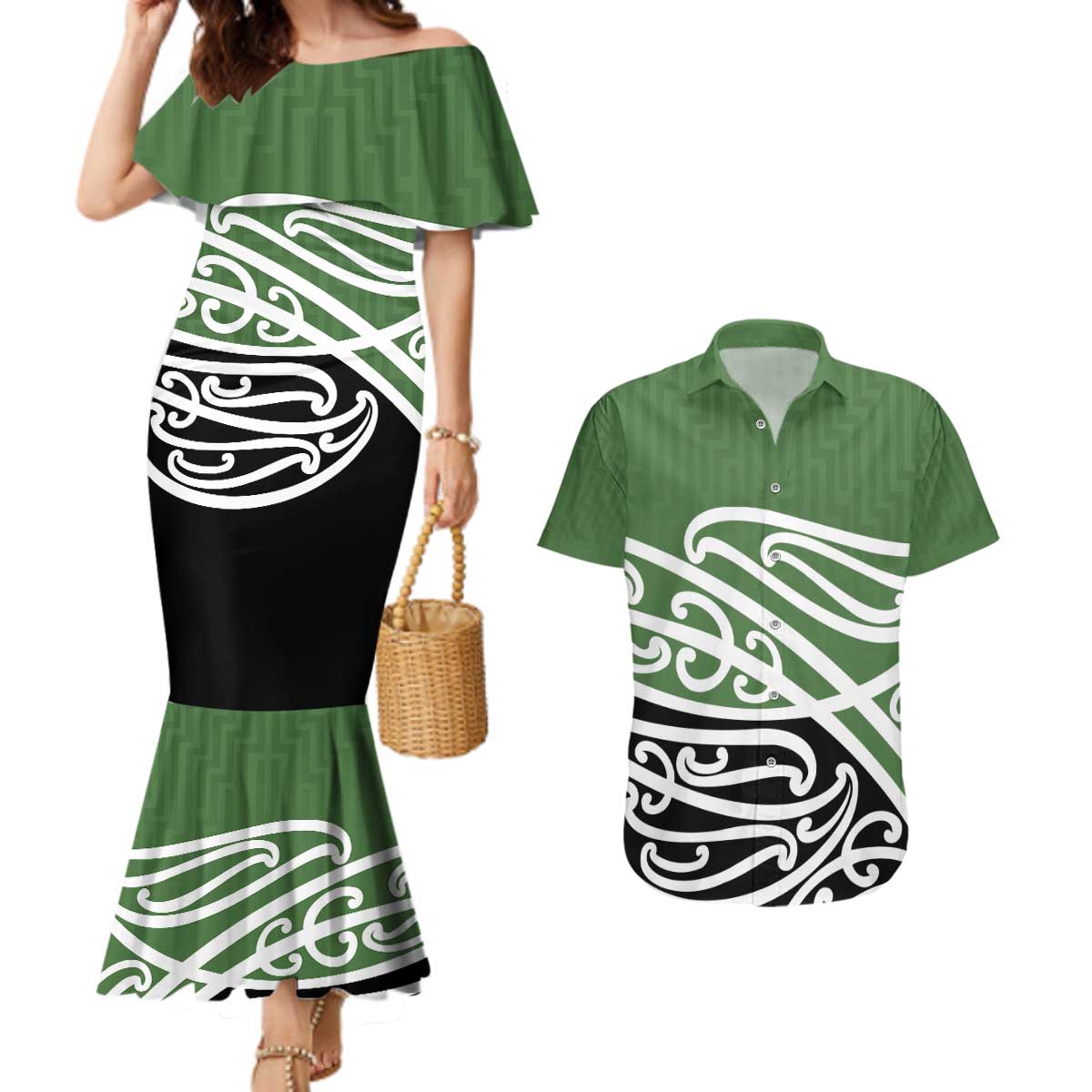 Green Fern New Zealand Kowhai Ngutukak Couples Matching Mermaid Dress and Hawaiian Shirt - Polynesian Pride
