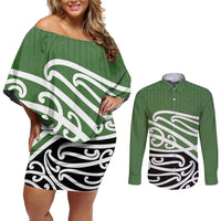 Green Fern New Zealand Kowhai Ngutukak Couples Matching Off Shoulder Short Dress and Long Sleeve Button Shirt - Polynesian Pride