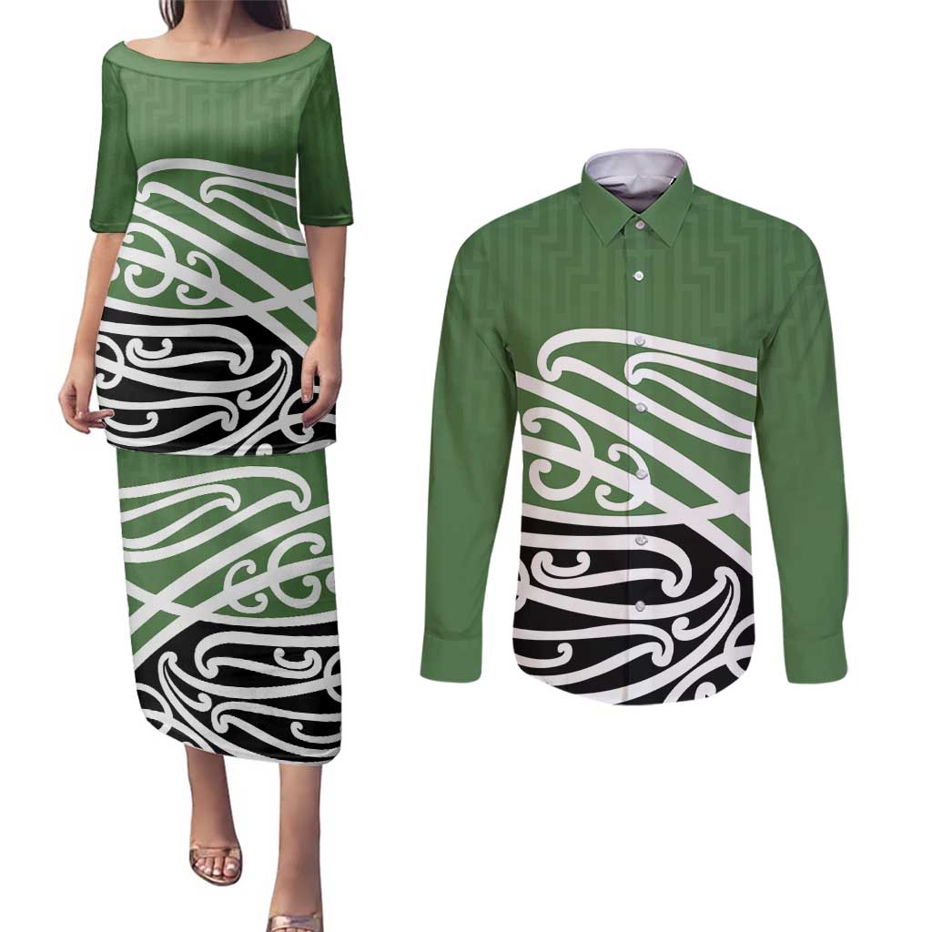 Green Fern New Zealand Kowhai Ngutukak Couples Matching Puletasi and Long Sleeve Button Shirt - Polynesian Pride