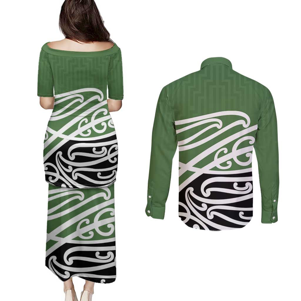Green Fern New Zealand Kowhai Ngutukak Couples Matching Puletasi and Long Sleeve Button Shirt - Polynesian Pride