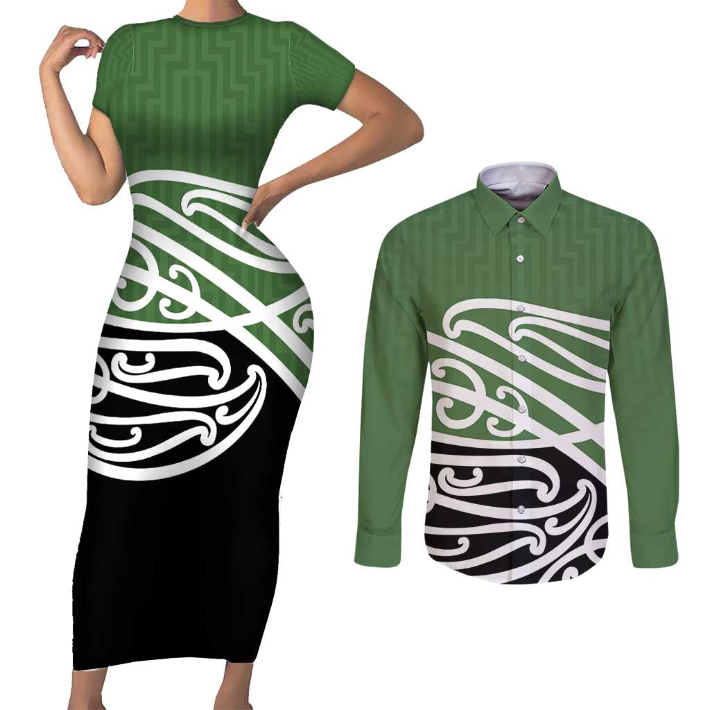 Green Fern New Zealand Kowhai Ngutukak Couples Matching Short Sleeve Bodycon Dress and Long Sleeve Button Shirt - Polynesian Pride