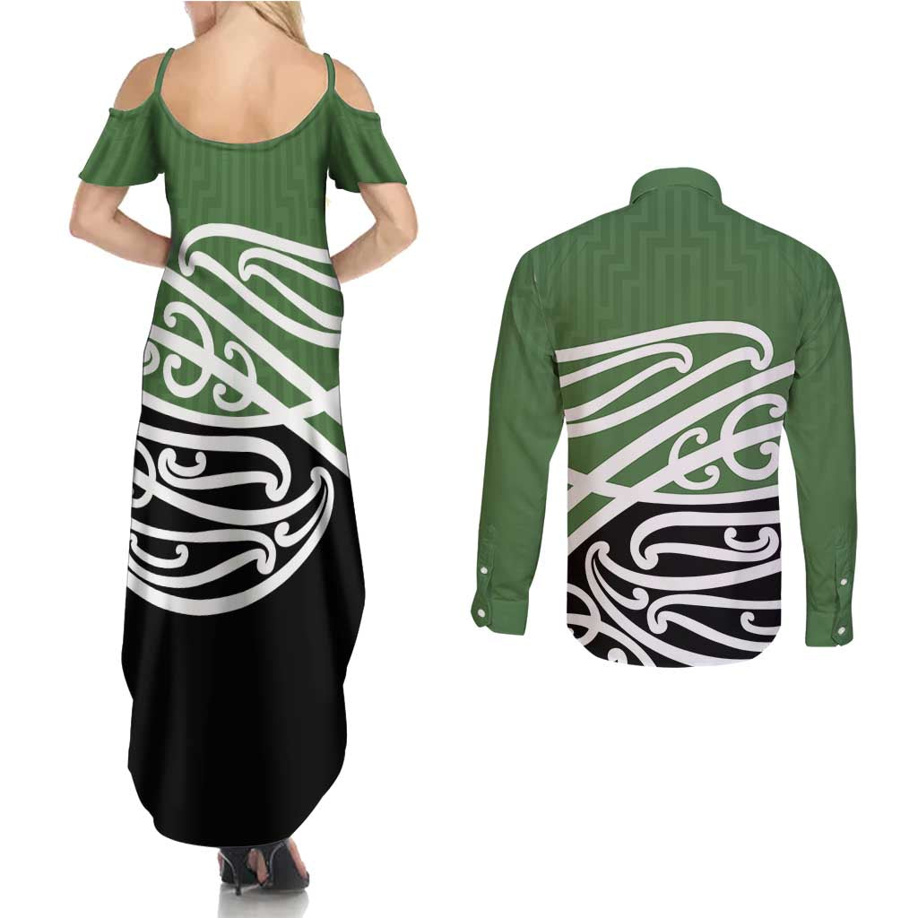 Green Fern New Zealand Kowhai Ngutukak Couples Matching Summer Maxi Dress and Long Sleeve Button Shirt - Polynesian Pride