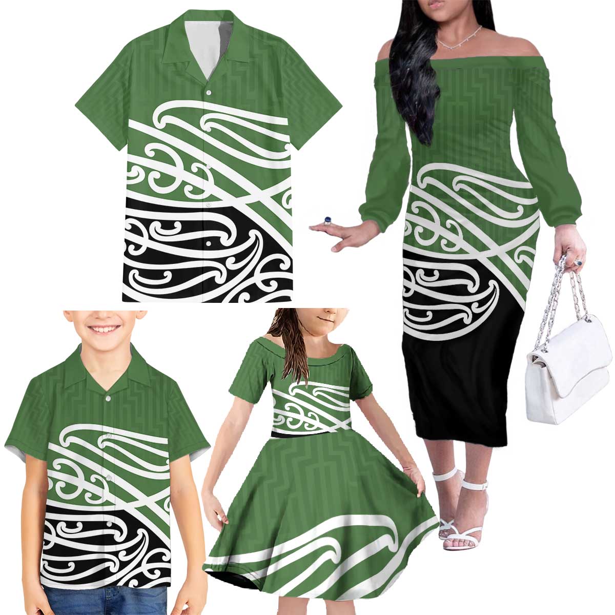 Green Fern New Zealand Kowhai Ngutukak Family Matching Off The Shoulder Long Sleeve Dress and Hawaiian Shirt - Polynesian Pride