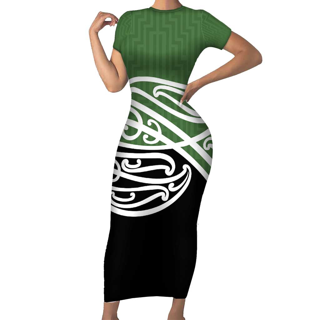Green Fern New Zealand Kowhai Ngutukak Family Matching Short Sleeve Bodycon Dress and Hawaiian Shirt - Polynesian Pride