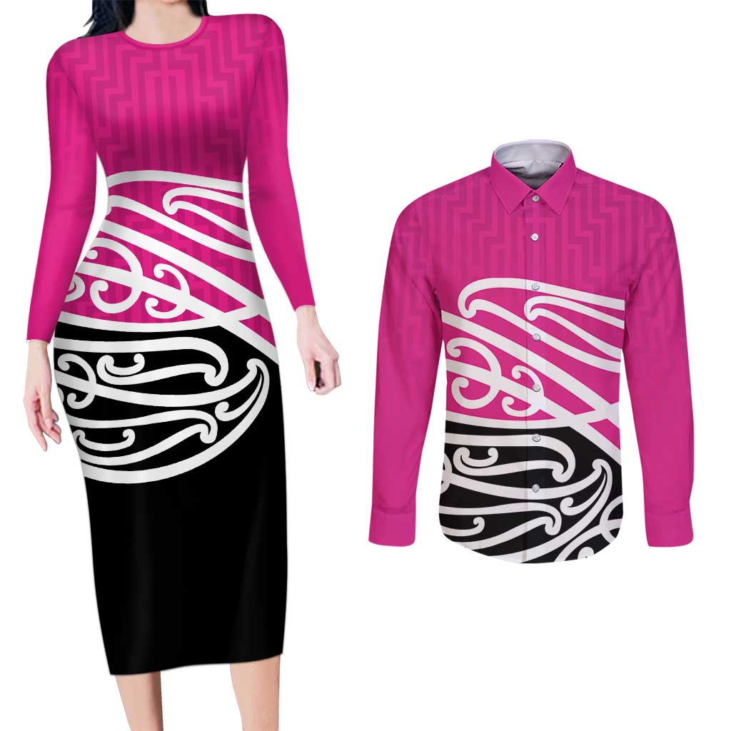 All Pink New Zealand Kowhai Ngutukak Couples Matching Long Sleeve Bodycon Dress and Long Sleeve Button Shirt - Polynesian Pride