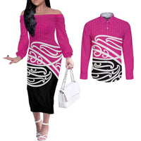 All Pink New Zealand Kowhai Ngutukak Couples Matching Off The Shoulder Long Sleeve Dress and Long Sleeve Button Shirt - Polynesian Pride