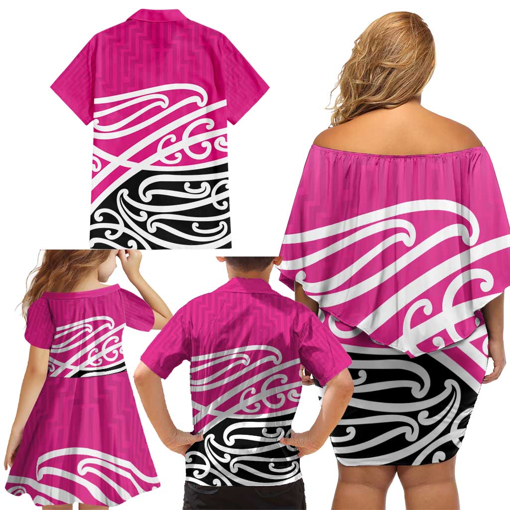 All Pink New Zealand Kowhai Ngutukak Family Matching Off Shoulder Short Dress and Hawaiian Shirt - Polynesian Pride