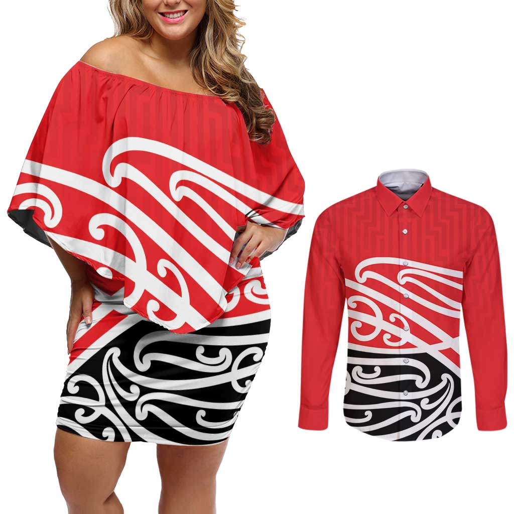 All Red New Zealand Kowhai Ngutukak Couples Matching Off Shoulder Short Dress and Long Sleeve Button Shirt - Polynesian Pride