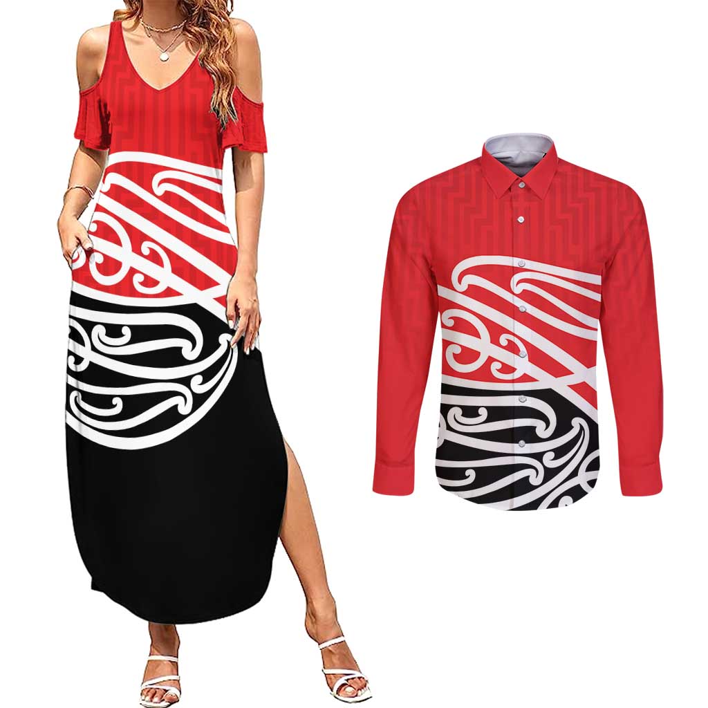 All Red New Zealand Kowhai Ngutukak Couples Matching Summer Maxi Dress and Long Sleeve Button Shirt - Polynesian Pride