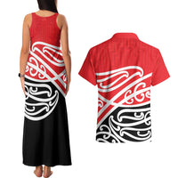 All Red New Zealand Kowhai Ngutukak Couples Matching Tank Maxi Dress and Hawaiian Shirt - Polynesian Pride