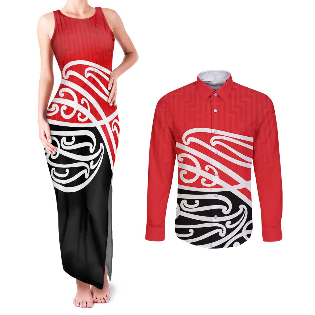 All Red New Zealand Kowhai Ngutukak Couples Matching Tank Maxi Dress and Long Sleeve Button Shirt - Polynesian Pride