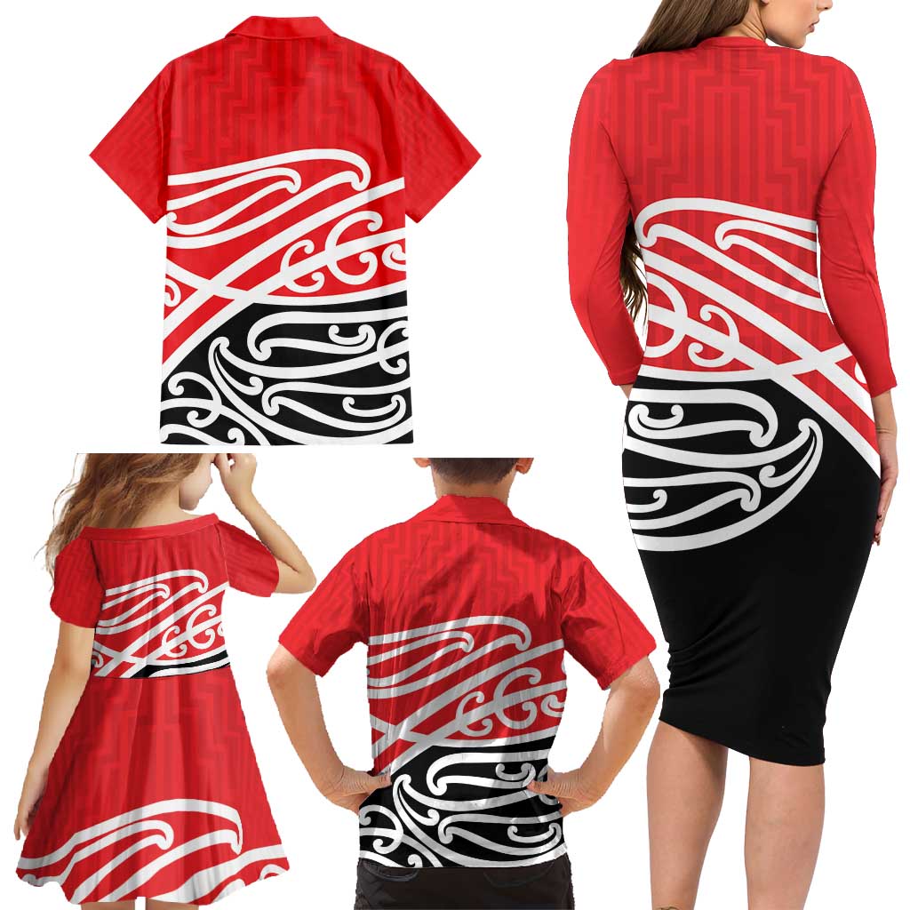 All Red New Zealand Kowhai Ngutukak Family Matching Long Sleeve Bodycon Dress and Hawaiian Shirt - Polynesian Pride