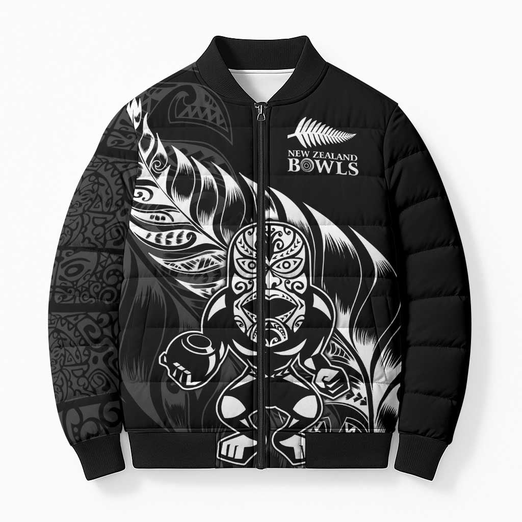 New Zealand Lawn Bowls Custom Bomber Puffer Jacket Black Maori Warrior Tribal Silver Fern - Polynesian Pride
