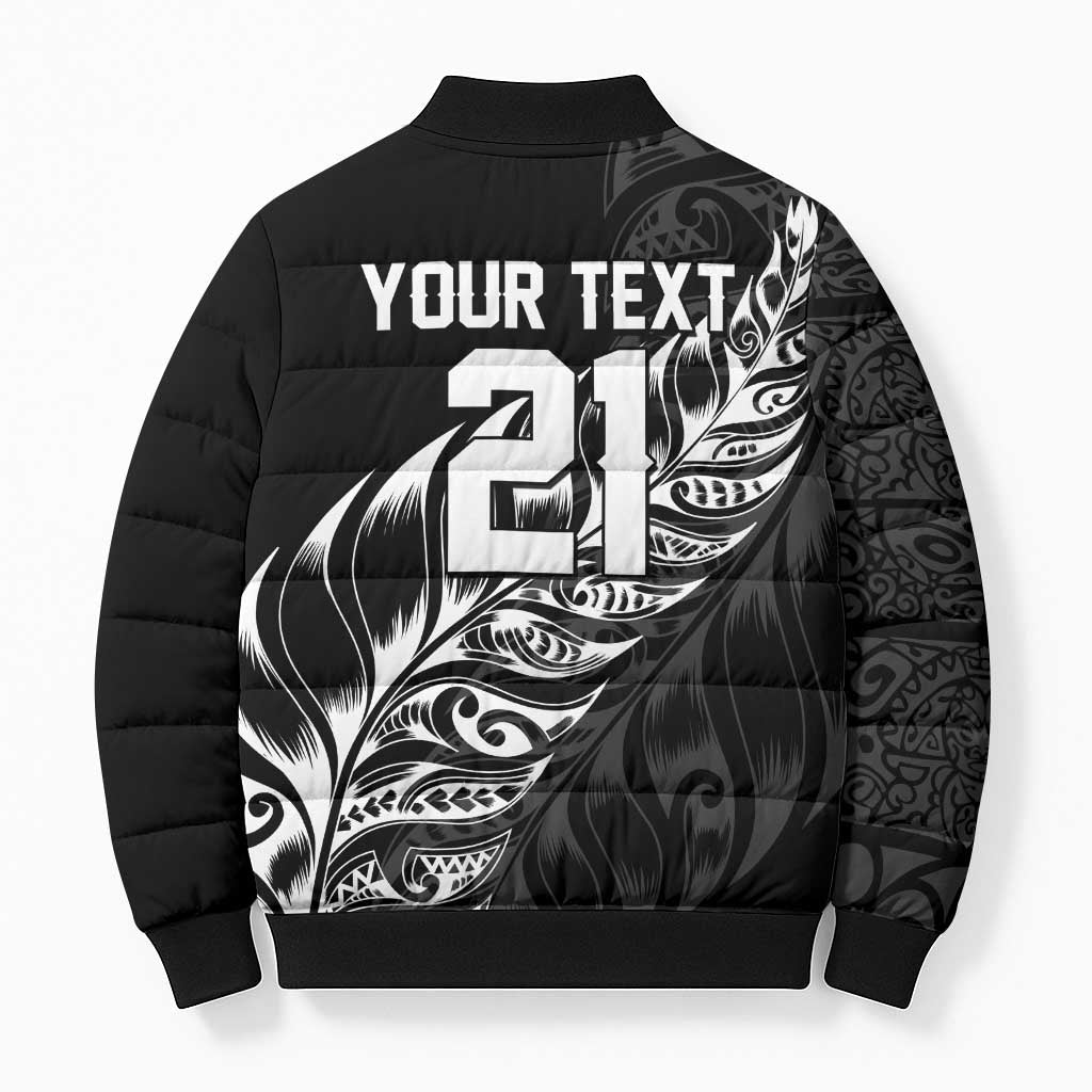New Zealand Lawn Bowls Custom Bomber Puffer Jacket Black Maori Warrior Tribal Silver Fern - Polynesian Pride