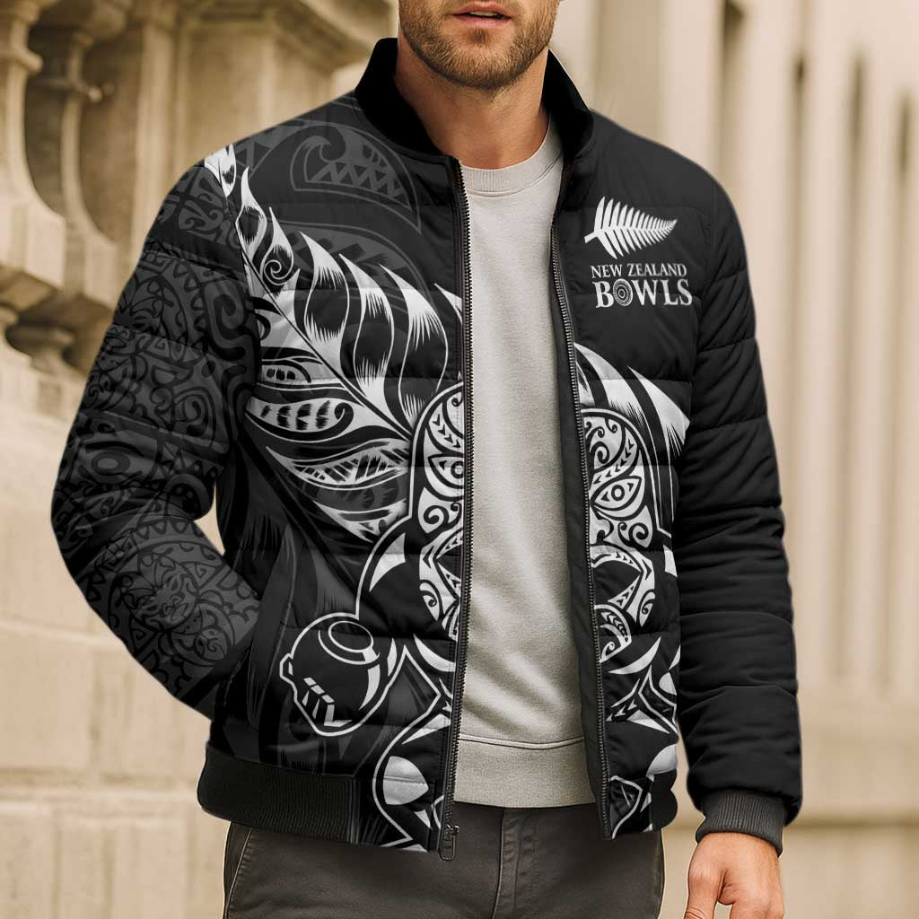 New Zealand Lawn Bowls Custom Bomber Puffer Jacket Black Maori Warrior Tribal Silver Fern - Polynesian Pride