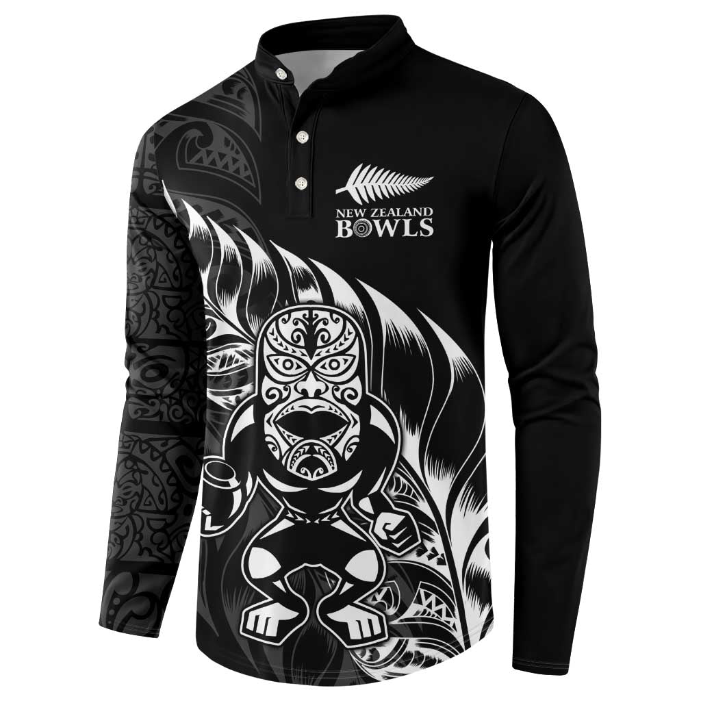 New Zealand Lawn Bowls Custom Button Sweatshirt Black Maori Warrior Tribal Silver Fern - Polynesian Pride