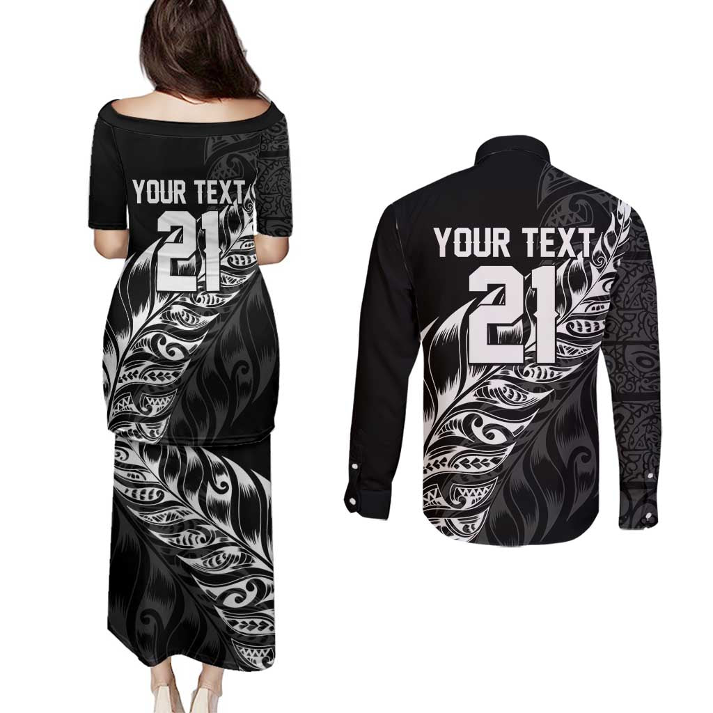 New Zealand Lawn Bowls Custom Couples Matching Puletasi and Long Sleeve Button Shirt Black Maori Warrior Tribal Silver Fern - Polynesian Pride