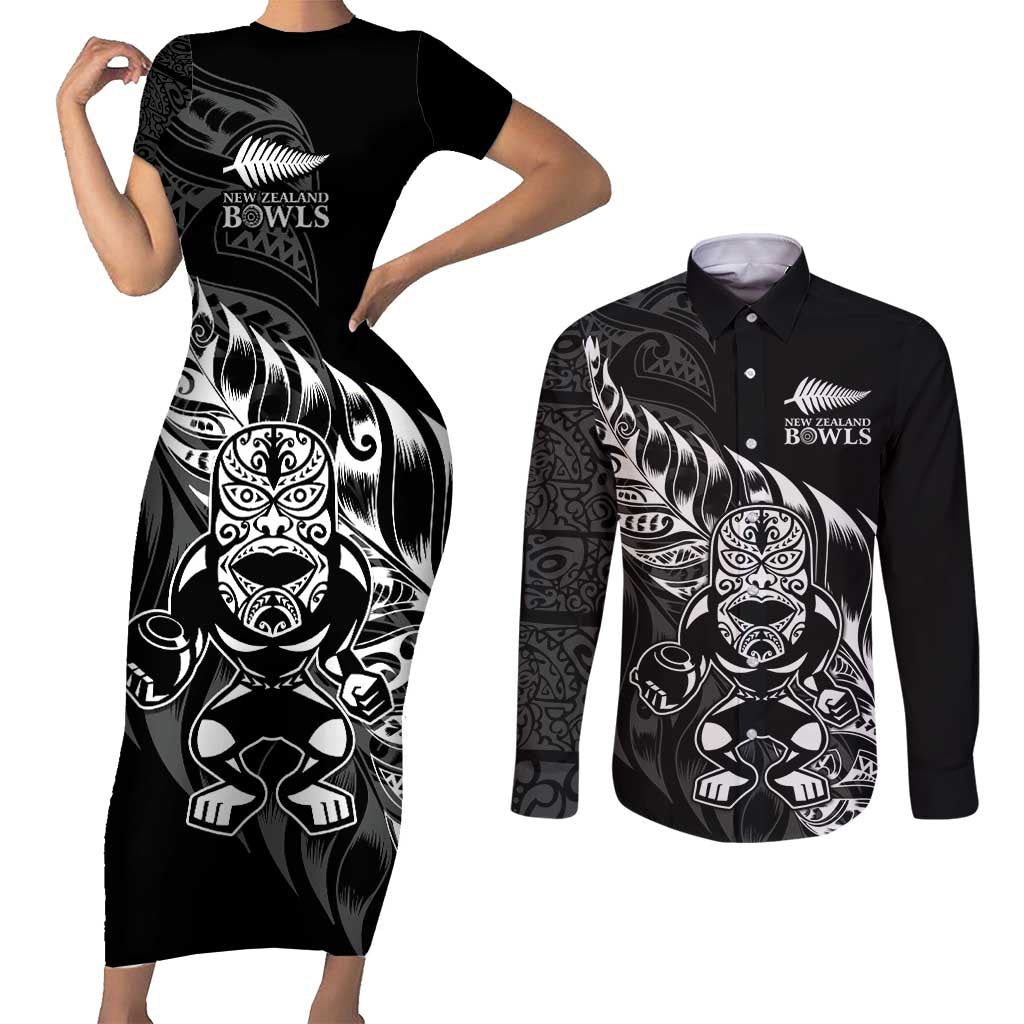New Zealand Lawn Bowls Custom Couples Matching Short Sleeve Bodycon Dress and Long Sleeve Button Shirt Black Maori Warrior Tribal Silver Fern - Polynesian Pride