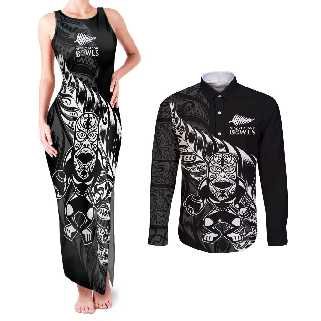 New Zealand Lawn Bowls Custom Couples Matching Tank Maxi Dress and Long Sleeve Button Shirt Black Maori Warrior Tribal Silver Fern - Polynesian Pride
