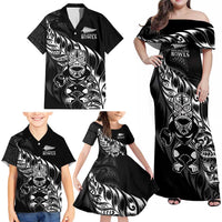 New Zealand Lawn Bowls Custom Family Matching Off Shoulder Maxi Dress and Hawaiian Shirt Black Maori Warrior Tribal Silver Fern - Polynesian Pride