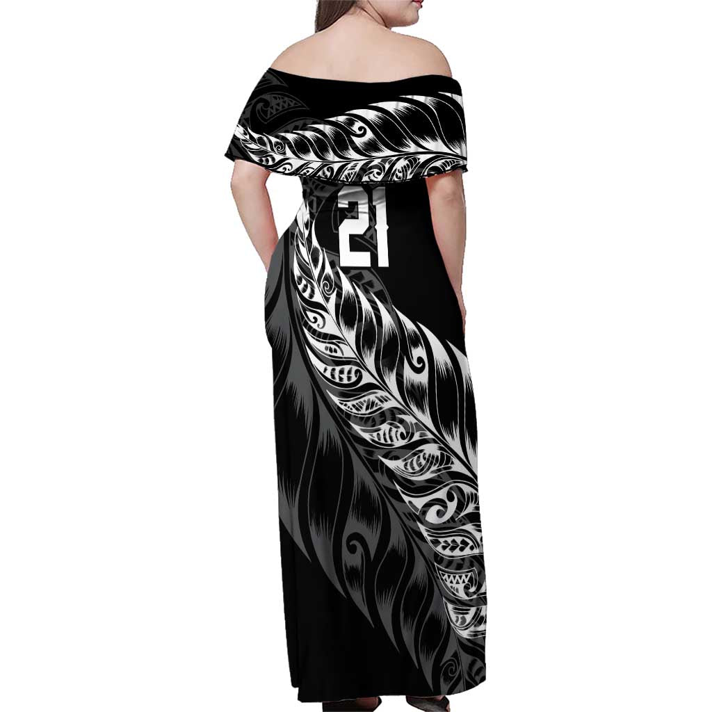 New Zealand Lawn Bowls Custom Family Matching Off Shoulder Maxi Dress and Hawaiian Shirt Black Maori Warrior Tribal Silver Fern - Polynesian Pride