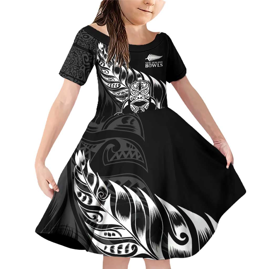 New Zealand Lawn Bowls Custom Family Matching Off Shoulder Short Dress and Hawaiian Shirt Black Maori Warrior Tribal Silver Fern - Polynesian Pride