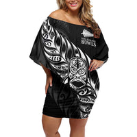 New Zealand Lawn Bowls Custom Family Matching Off Shoulder Short Dress and Hawaiian Shirt Black Maori Warrior Tribal Silver Fern - Polynesian Pride