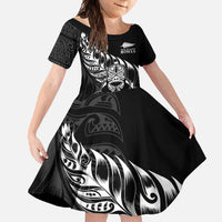 New Zealand Lawn Bowls Custom Family Matching Short Sleeve Bodycon Dress and Hawaiian Shirt Black Maori Warrior Tribal Silver Fern - Polynesian Pride