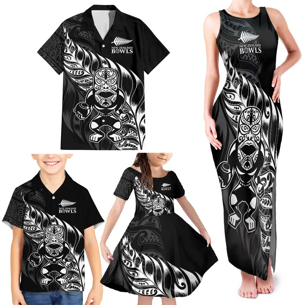 New Zealand Lawn Bowls Custom Family Matching Tank Maxi Dress and Hawaiian Shirt Black Maori Warrior Tribal Silver Fern - Polynesian Pride