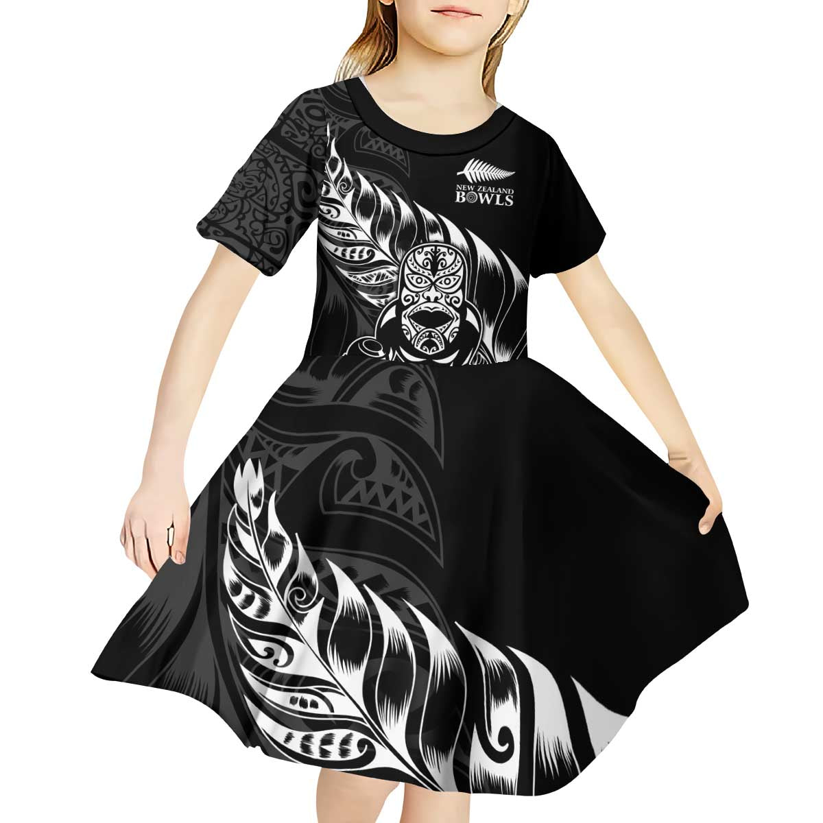 New Zealand Lawn Bowls Custom Kid Short Sleeve Dress Black Maori Warrior Tribal Silver Fern - Polynesian Pride