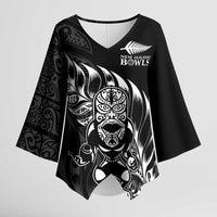 New Zealand Lawn Bowls Custom Kimono Sleeve Blouse Black Maori Warrior Tribal Silver Fern - Polynesian Pride