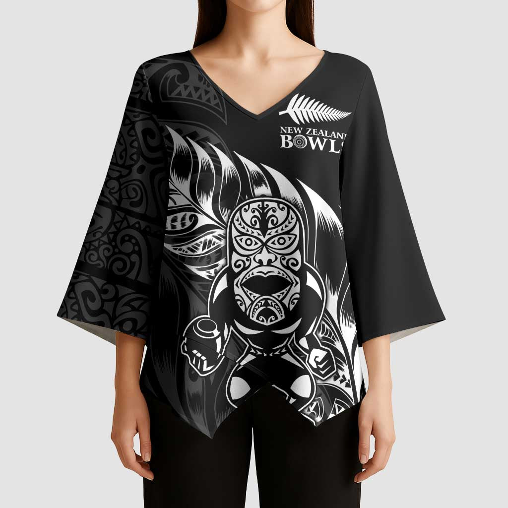 New Zealand Lawn Bowls Custom Kimono Sleeve Blouse Black Maori Warrior Tribal Silver Fern - Polynesian Pride