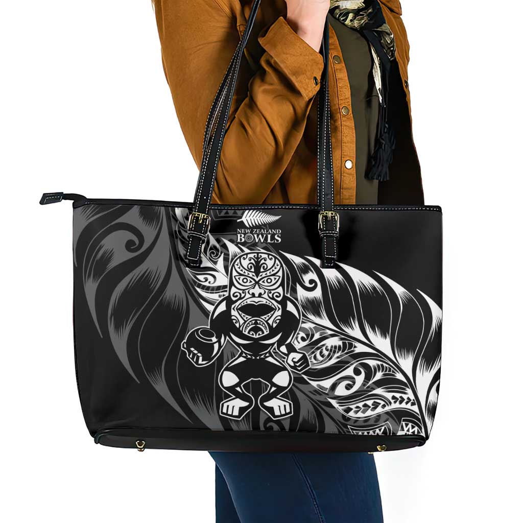 New Zealand Lawn Bowls Leather Tote Bag Black Maori Warrior Tribal Silver Fern - Polynesian Pride
