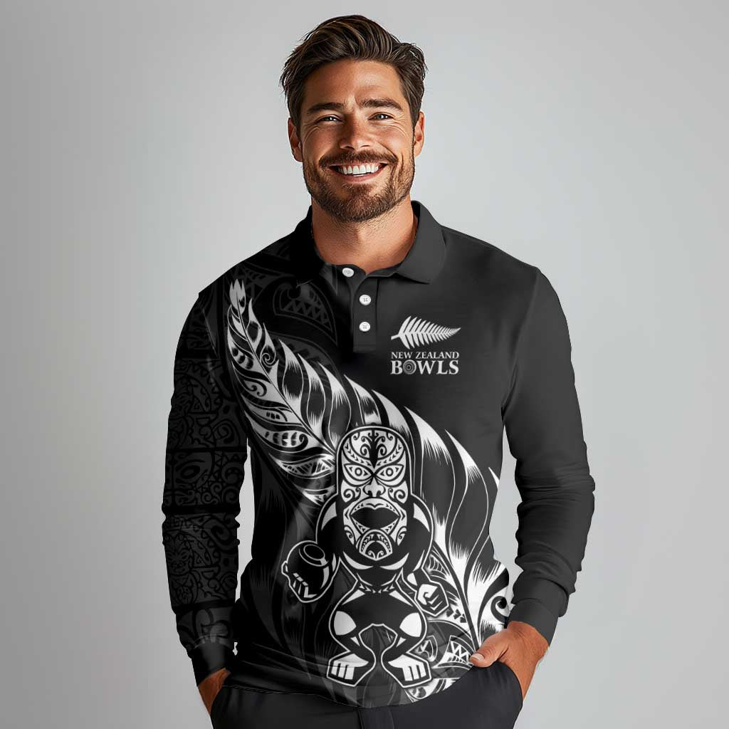 New Zealand Lawn Bowls Custom Long Sleeve Polo Shirt Black Maori Warrior Tribal Silver Fern - Polynesian Pride