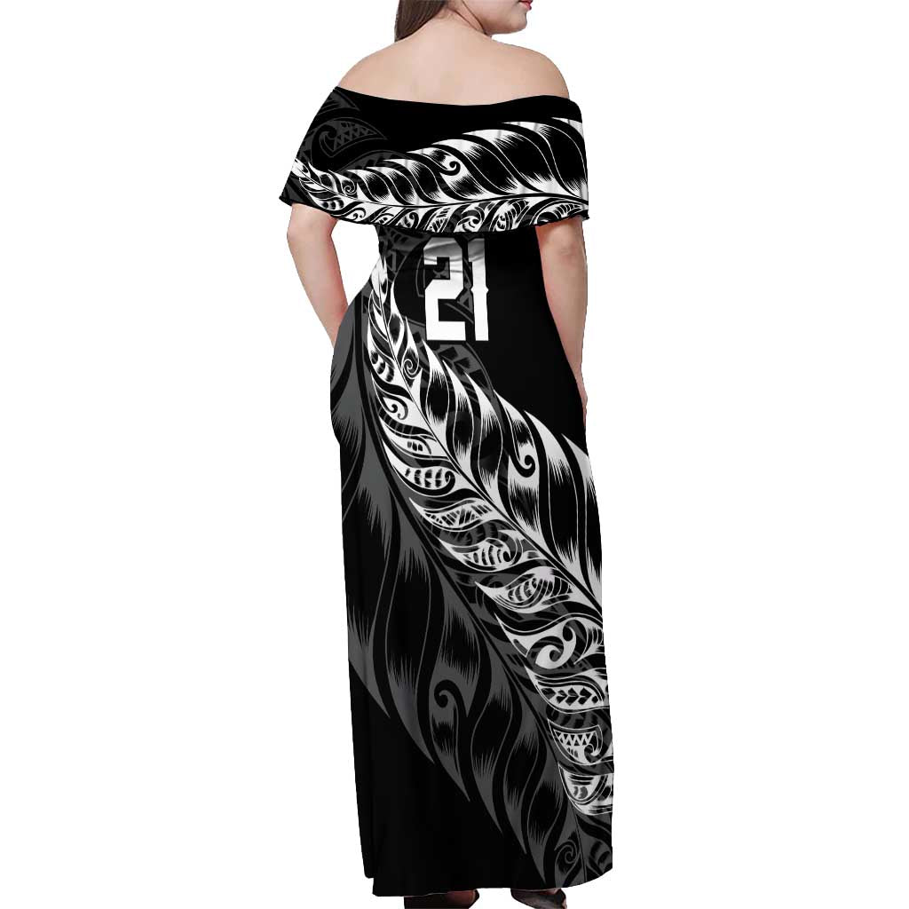 New Zealand Lawn Bowls Custom Off Shoulder Maxi Dress Black Maori Warrior Tribal Silver Fern - Polynesian Pride