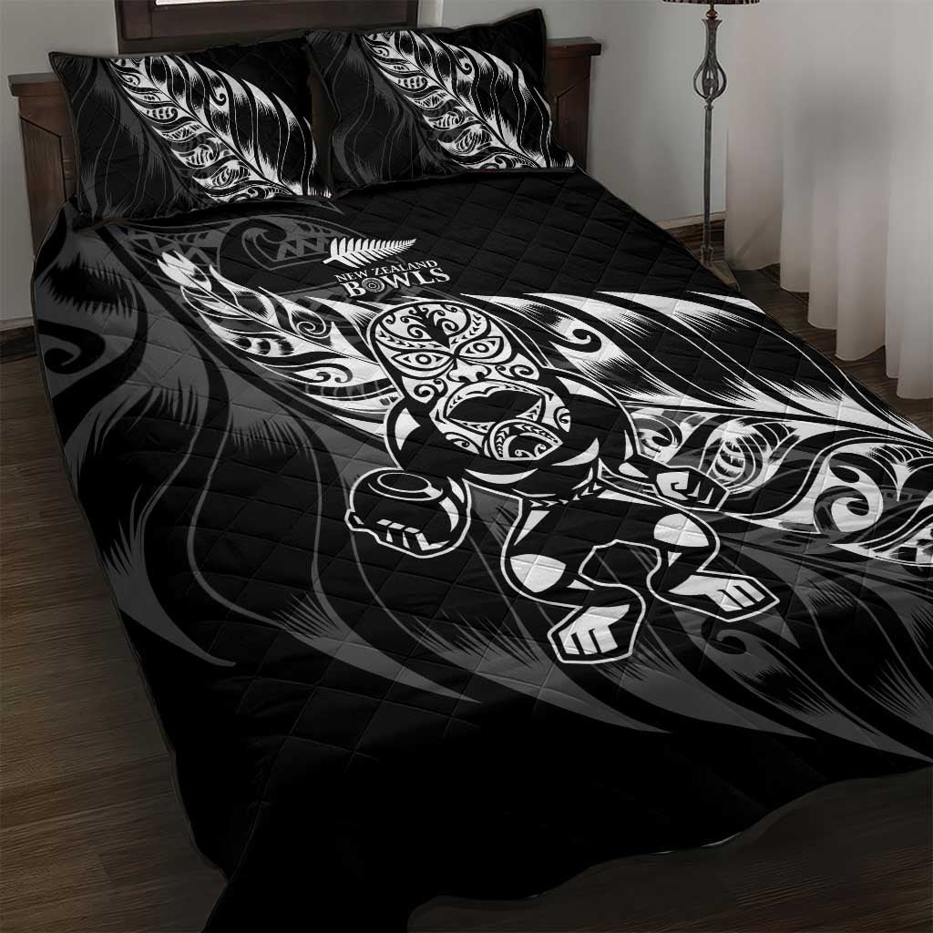 New Zealand Lawn Bowls Quilt Bed Set Black Maori Warrior Tribal Silver Fern - Polynesian Pride