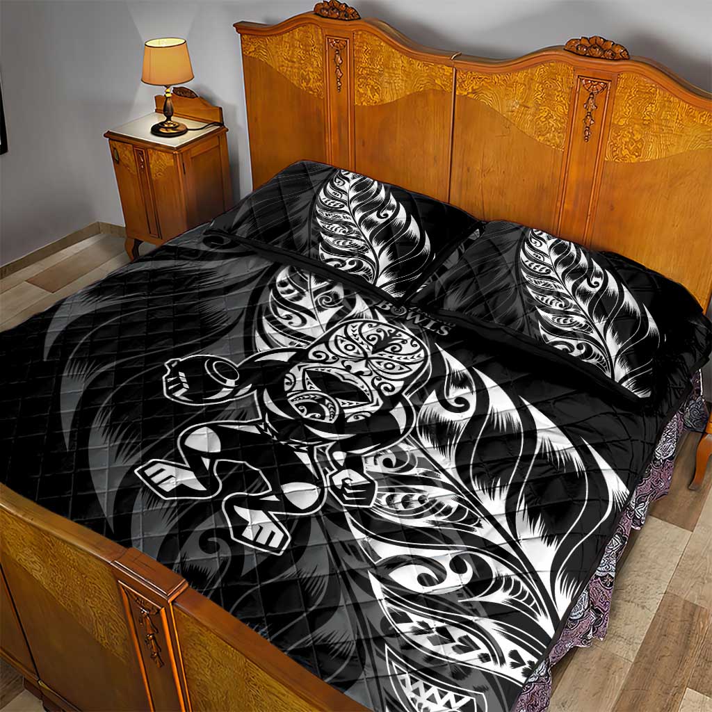 New Zealand Lawn Bowls Quilt Bed Set Black Maori Warrior Tribal Silver Fern - Polynesian Pride