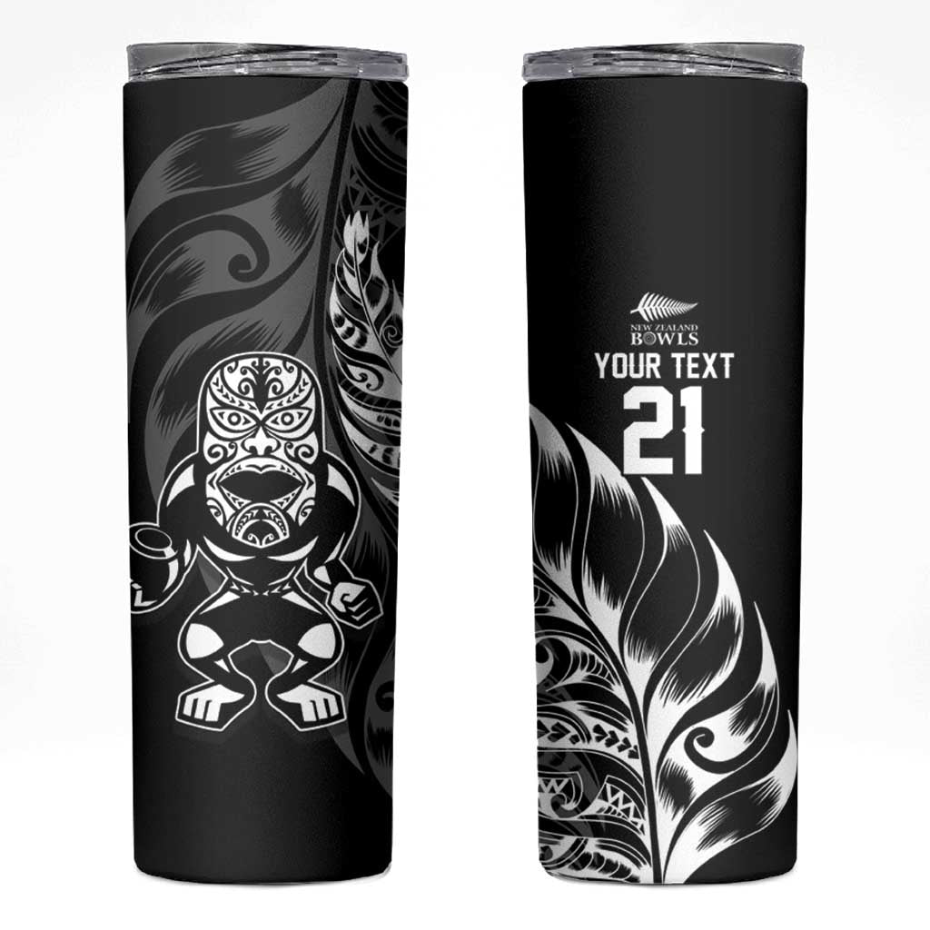 New Zealand Lawn Bowls Custom Skinny Tumbler Black Maori Warrior Tribal Silver Fern - Polynesian Pride