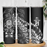 New Zealand Lawn Bowls Custom Skinny Tumbler Black Maori Warrior Tribal Silver Fern - Polynesian Pride