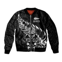 New Zealand Lawn Bowls Custom Sleeve Zip Bomber Jacket Black Maori Warrior Tribal Silver Fern - Polynesian Pride