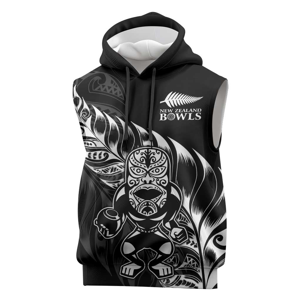 New Zealand Lawn Bowls Custom Sleeveless Hoodie Black Maori Warrior Tribal Silver Fern - Polynesian Pride