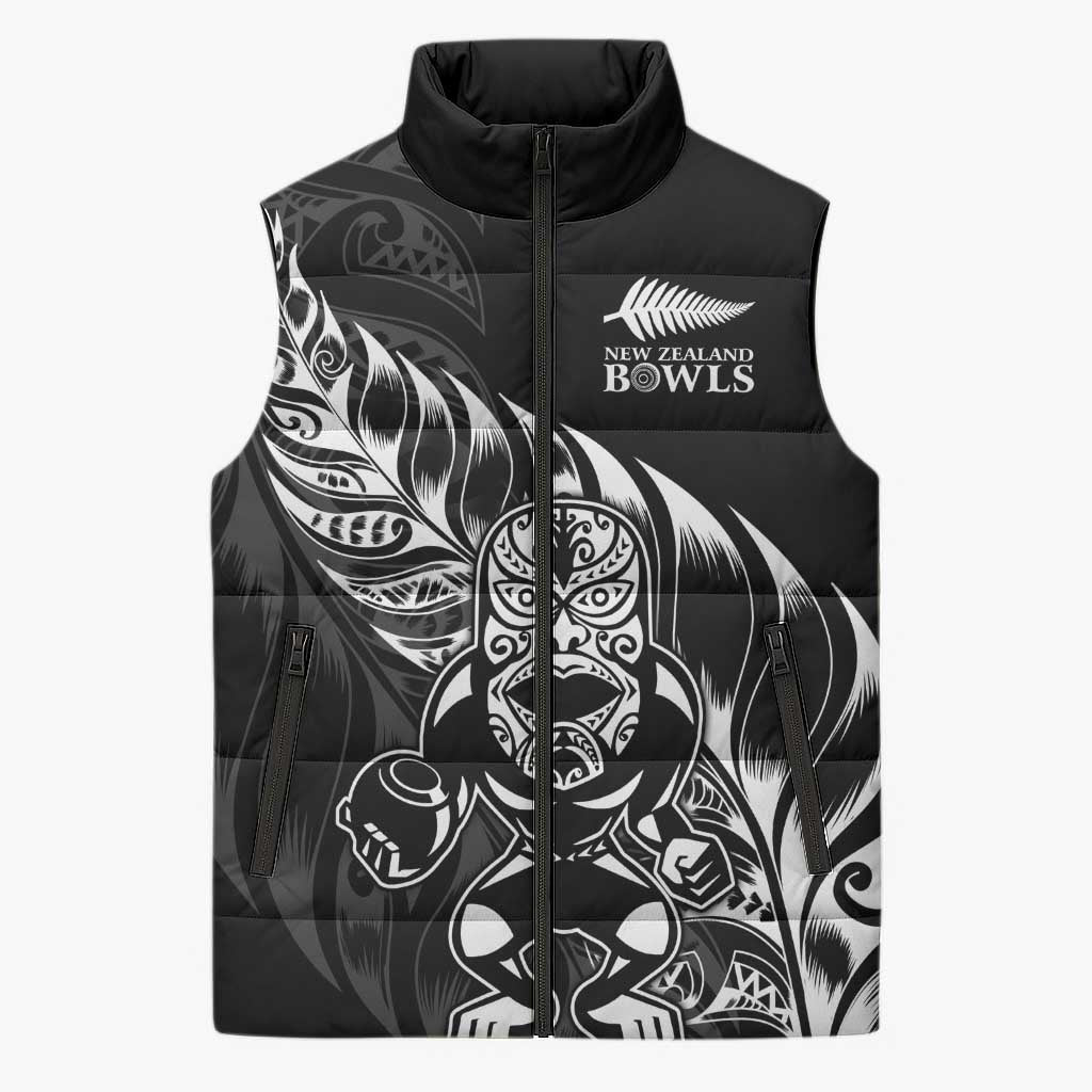 New Zealand Lawn Bowls Custom Sleeveless Puffer Jacket Black Maori Warrior Tribal Silver Fern - Polynesian Pride