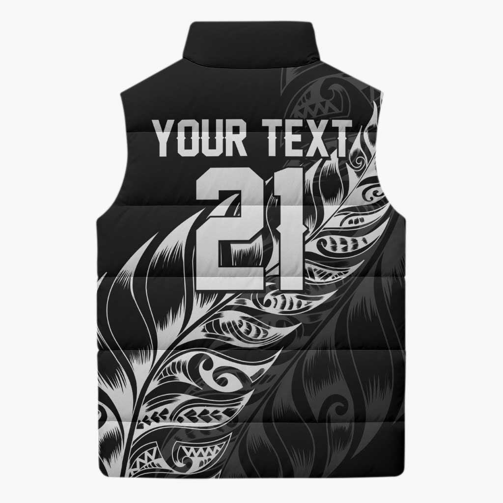 New Zealand Lawn Bowls Custom Sleeveless Puffer Jacket Black Maori Warrior Tribal Silver Fern - Polynesian Pride
